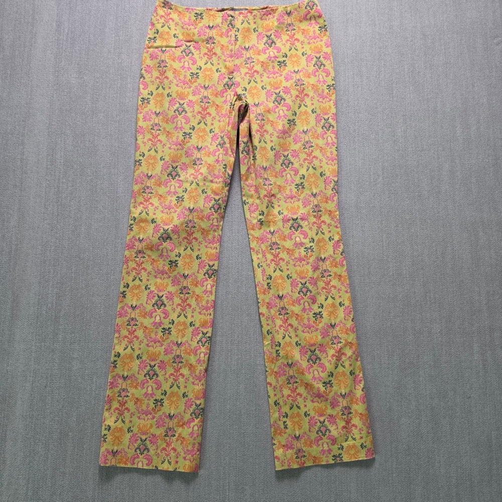 Sigrid Olsen Pants Women 4 Yellow Pink Orange Damask Floral Straight Leg Cotton